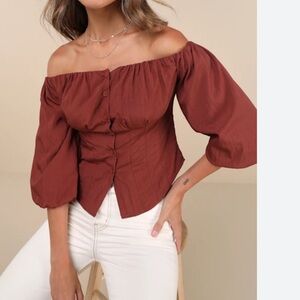 NWT Lulus Delighted Approach Brown Off Shoulder Puff Sleeve Blouse